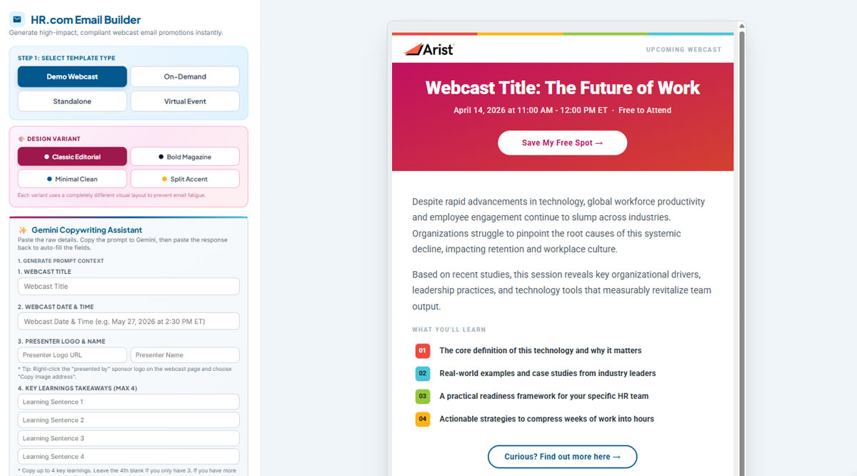 HR.com Email Builder: template and design choices on the left, the finished webcast email on the right