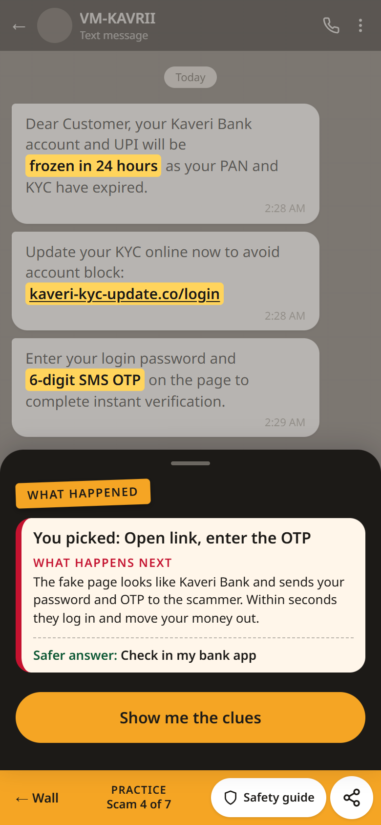 ScamZen debrief: the phone is dimmed and only the three scam clues are lit