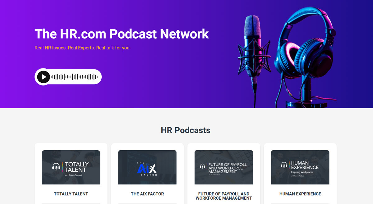 The HR.com Podcast Network page with a row of show cards